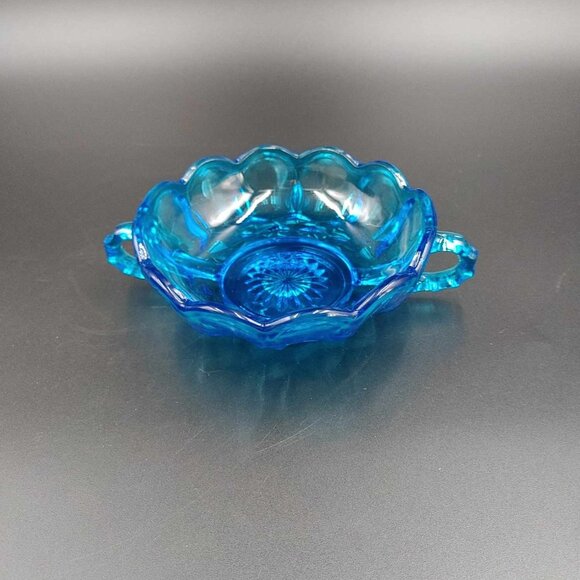 Vintage Fairfield Blue Anchor Hocking Glass Nappy Bowl Dish Two Handles - Picture 3 of 9